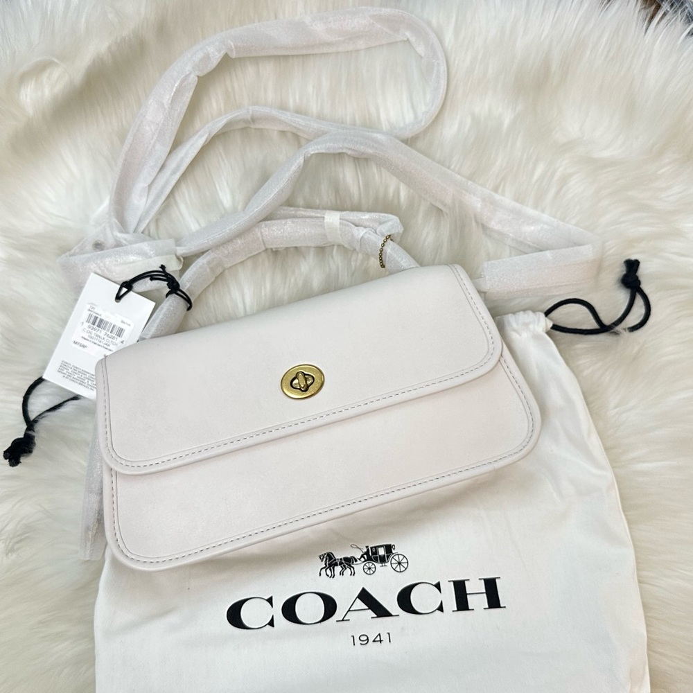 Coach #129 Coach Turnlock Clutch Bag Brass white Calf Leather 129